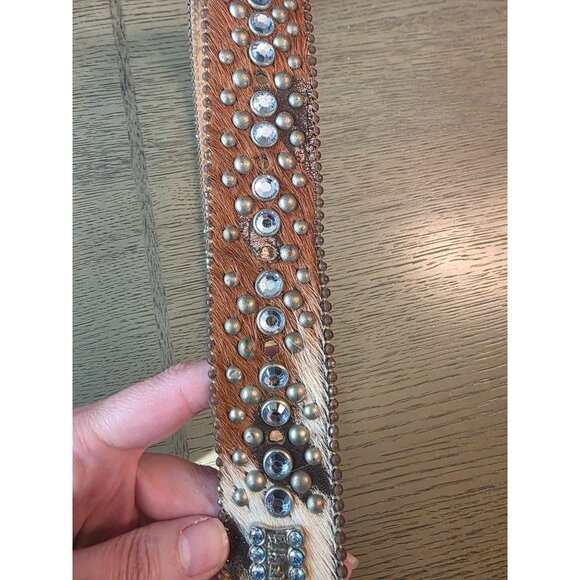 Vtg BB Simon Leather Calf Hair Western Rhinestone Buckle Belt - Very Heavy - main image 10